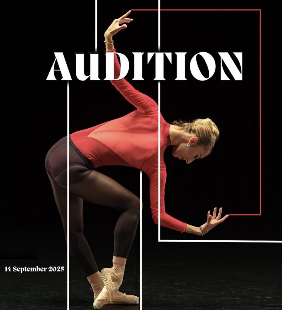 Davydiuk Dance Company audition post, with a dancer posing in pointe shoes.